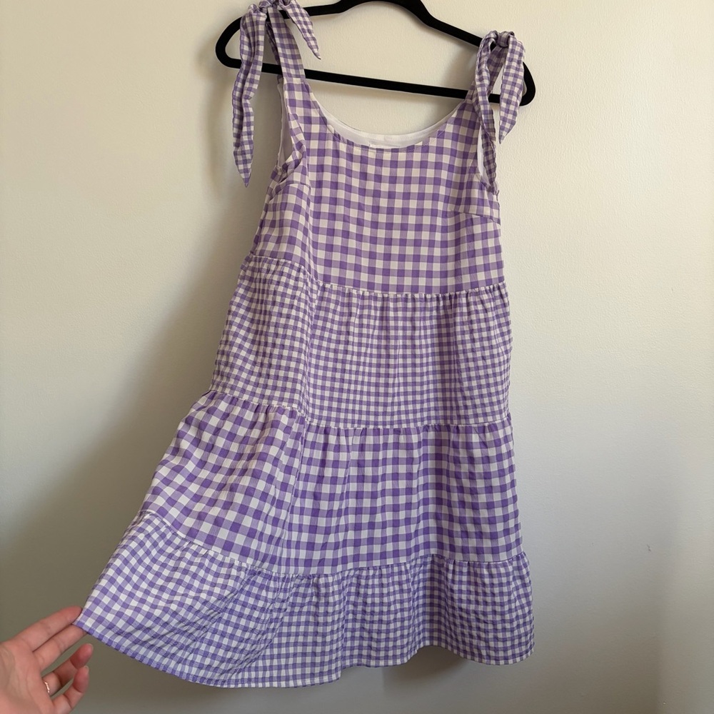 &merci Lilac Gingham Check Tiered Tie-Shoulder Sundress with Pockets